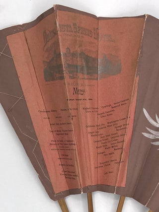 Printed Buena Vista Spring Hotel Menu on Lg. Watercolor decorated Paper Hand Fan 1894, Asian Motif - Chrysanthemum