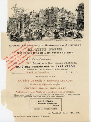 Menus and Invitations for the Societe Archeologique, Historique & Artistique le Vieux Papier our l'etude de la vie & Des Moeurs d'autrefois (Archaeological Society, Historical and Artistic Old Paper for the Study of Life & Habits) 1910-