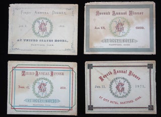 Four (4) menus with original envelopes for the First through Fourth Annual Dinners of the Veteran Association of the Hartford City Guard plus an announcement and dance card associated with the events 1868-1871