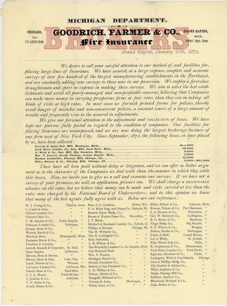 Item #19000531 Brokers Notice from the Michigan Department of Goodrich, Farmer's & Co., Fire Insurance