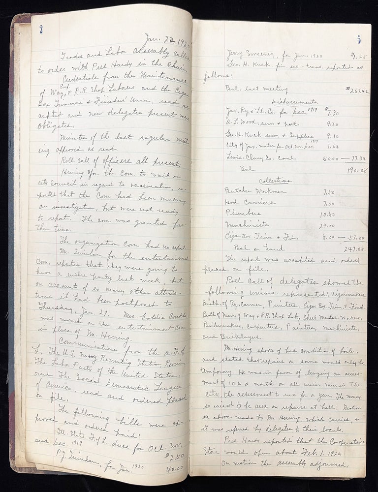 Item #20000957 1920s Book of Manuscript Minutes Kept by "Trade and Labor Assembly" in Illinois -- Includes Important Historical Information about Trades, Labor, Unions, etc.