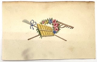 Item #20009253 Miniature Watercolor Allegory - Pan Flute, Rake, Broom and Floral Wreath