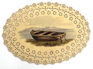 Item #20128525 Miniature Watercolor of a boat on the shore on decorative punch paper disc
