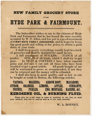 Item #20200692 New Family Grocery Store for Hyde Park & Fairmount, A Broadside. W. A. Bonney