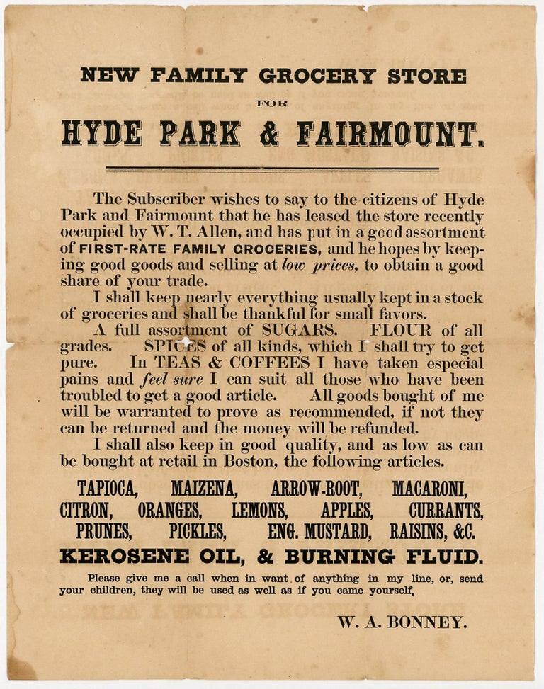 Item #20200692 New Family Grocery Store for Hyde Park & Fairmount, A Broadside. W. A. Bonney.