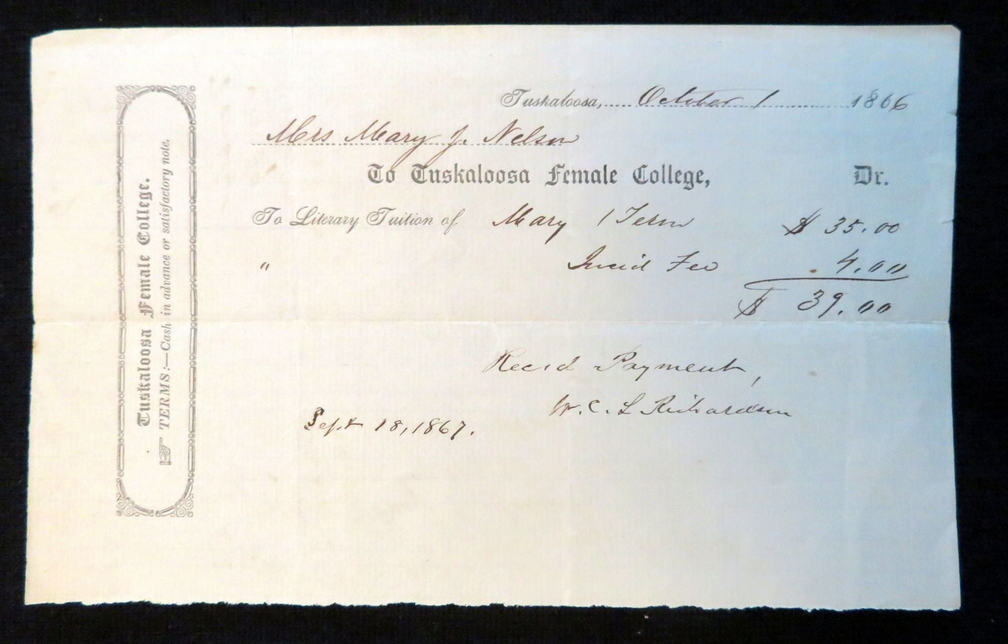 Tuition Receipt from Tuskaloosa Female College