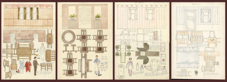 Item #202008637 Original Art - 4 Dollhouse Rooms, Furniture and Paper Doll Occupants - Dining-Room, Sitting-Room, The Nursery and Bedroom - Arts & Craft Influence. Harriet Steensen.