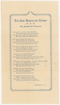 Item #20200878 Confederate Songsheet - To the Boys in Gray. James R. Crowe