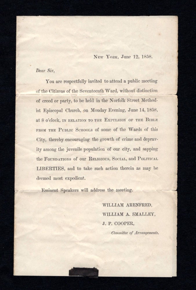 Item #20208535 A Circular Inviting the Citizens of the 17th Ward of New York Regarding the Recent Banning of the Bible from Public Schools