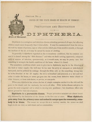 Item #21000325 Circular No. 4. Issued by the State Board of Health of Vermont. Prevention and...