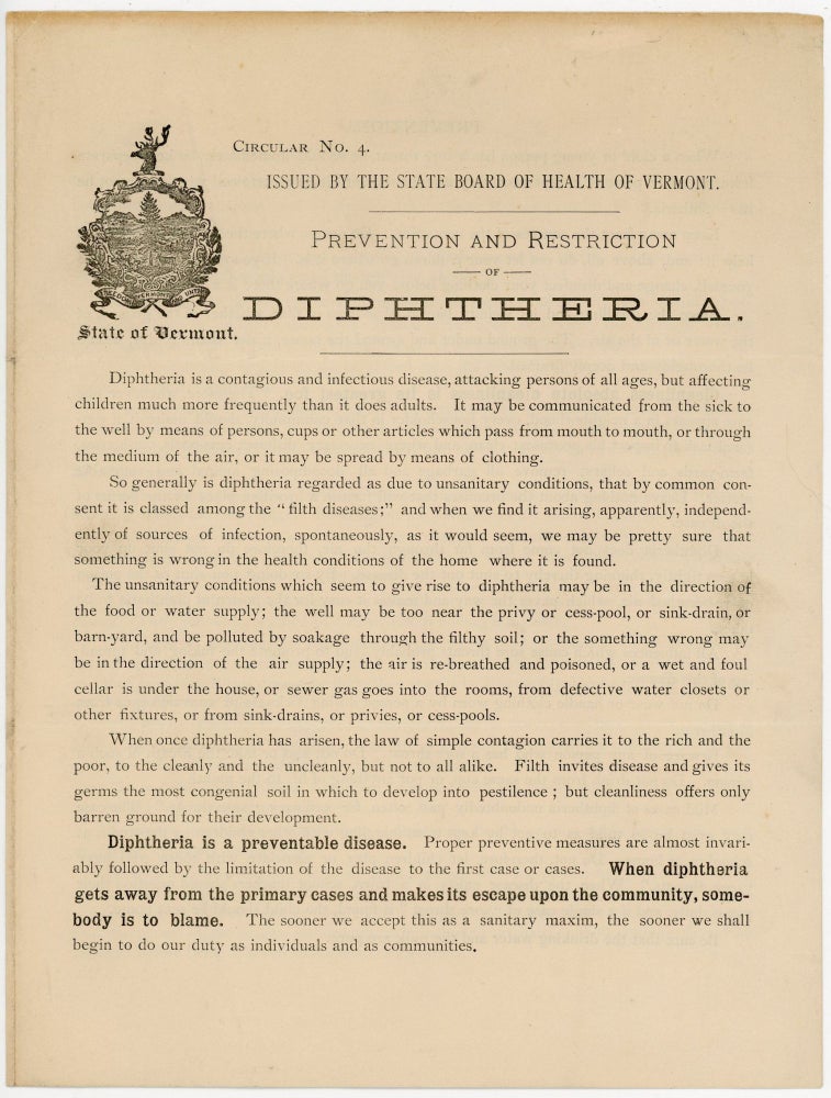 Item #21000325 Circular No. 4. Issued by the State Board of Health of Vermont. Prevention and Restriction of Diphtheria