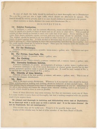 Circular No. 4. Issued by the State Board of Health of Vermont. Prevention and Restriction of Diphtheria