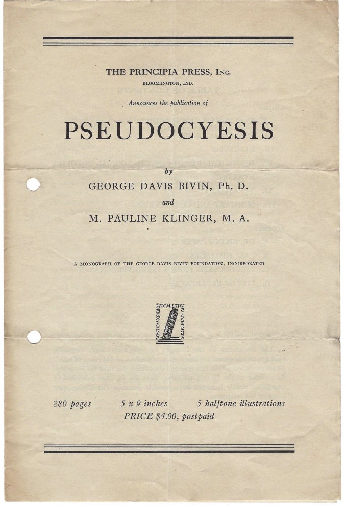 Item #21000338 Prospectus for Monograph on Pseudocyesis (False Pregnancy). M. A. M. Pauline Klinger, Ph D. George Davis Bivin.