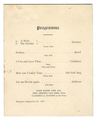 Illustrated Program for Vocal Concert given at the Bellevue-Stratford in Philadelphia