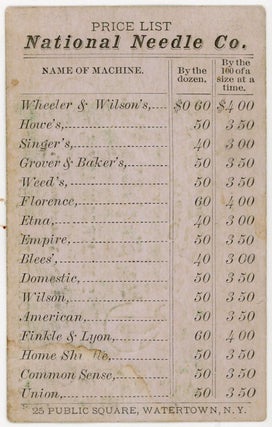 Illustrated business card with National Needle Co. Price list on reverse