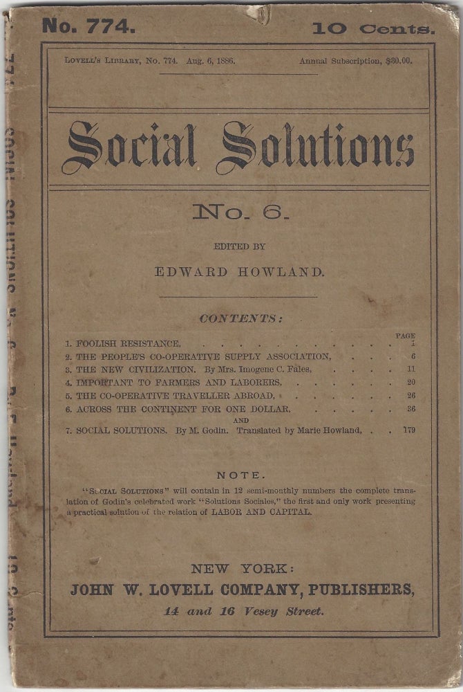 Item #21000445 Social Solutions No. 6 - Ed. by Edward Howland, with translation by Marie Howland.