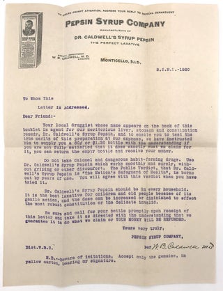 Item #21000499 Typewritten Form Letter Advertising Pepsin Syrup Company