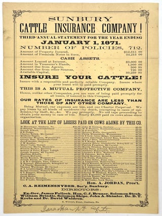 Item #21000660 1871 Sunbury Cattle Insurance Company Advertising Circular