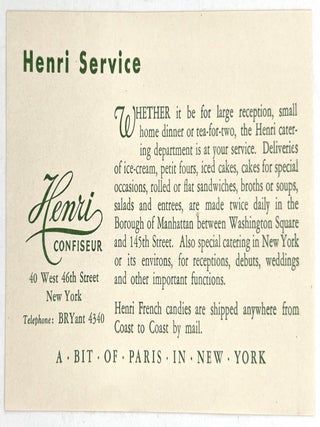 Late 1920s "Henri Confiseur" Catering Menu