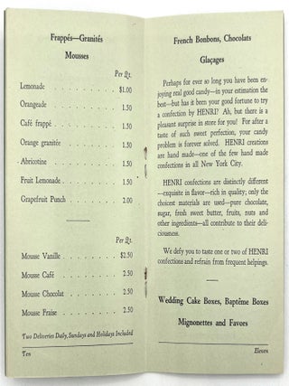 Late 1920s "Henri Confiseur" Catering Menu