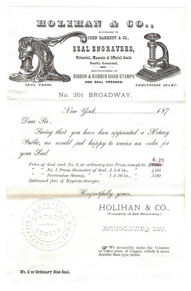 Item #21000872 Advertising Letter from Holihan & Co. Seal Engravers