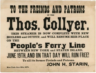 Item #21000896 Broadside Announcing Relaunch of Thomas Collyer, People's Ferry Line