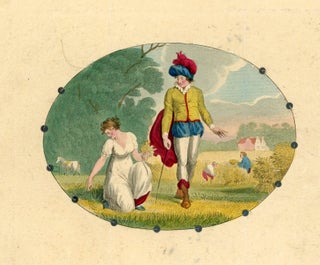 Hand constructed Hand colored engraving of a courting couple