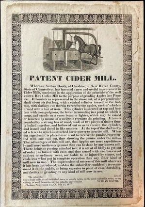 Item #21009425 Patent Cider Mill - Woodcut of Horse Powered Cider Mill. patent holder Nathan Booth
