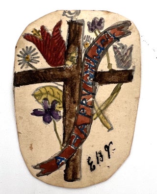 Item #21030356 2 1/2" Naive Watercolor Cross with Tulips, Forget-Me-Nots, a Bird and a Banner...