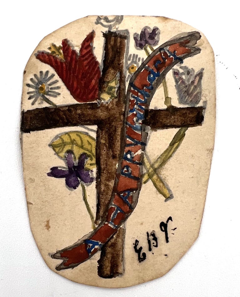 Item #21030356 2 1/2" Naive Watercolor Cross with Tulips, Forget-Me-Nots, a Bird and a Banner reading "A Happy Birthday" EBV