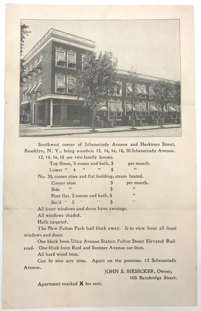 Item #22000298 Illustrated Circular Advertising Sale of Brooklyn Building. John S. Biesecker.
