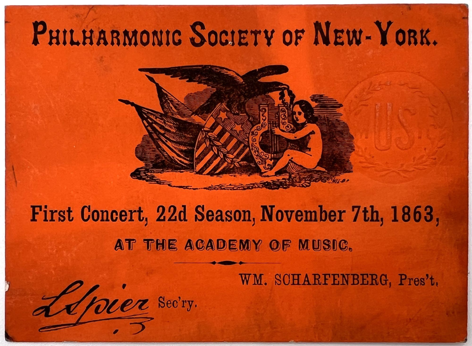 Printed Ticket for First 1863 Concert Given by the Philharmonic Society ...