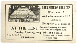 Item #22000499 Advertising Card for "The Crime of the Ages", a lecture by Evangelist J.C.. Stevens