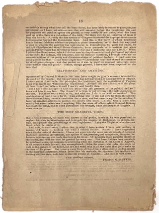 Colonel Frank G. Ruffin's letter. A terrible arraignment. Mahoneism unveiled! The great plot to sell out Virginians to the Republican Party exposed. The Republican Party now and always the bitterest foes of Virginia. Virginians will not wear collars.