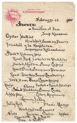 Item #22000620 Manuscript Dinner Menu Aboard the Empire Line's SS Pennsylvania