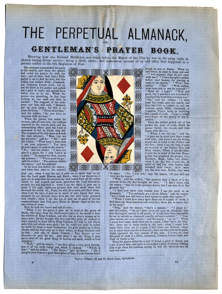 Item #22000773 [Broadside:] The Perpetual Almanack, or Gentleman's Prayer Book With Color Queen of Diamonds inset