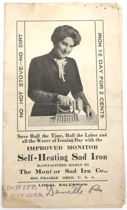 Item #22000820 Advertising bifolium for "The Improved Monitor Self-Heating Sad Iron"
