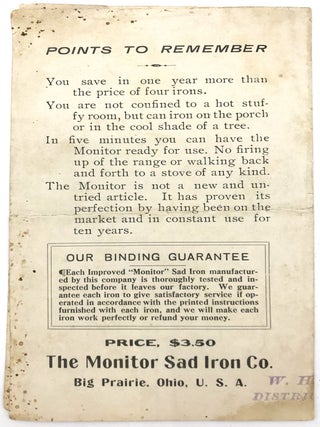 Advertising bifolium for "The Improved Monitor Self-Heating Sad Iron"