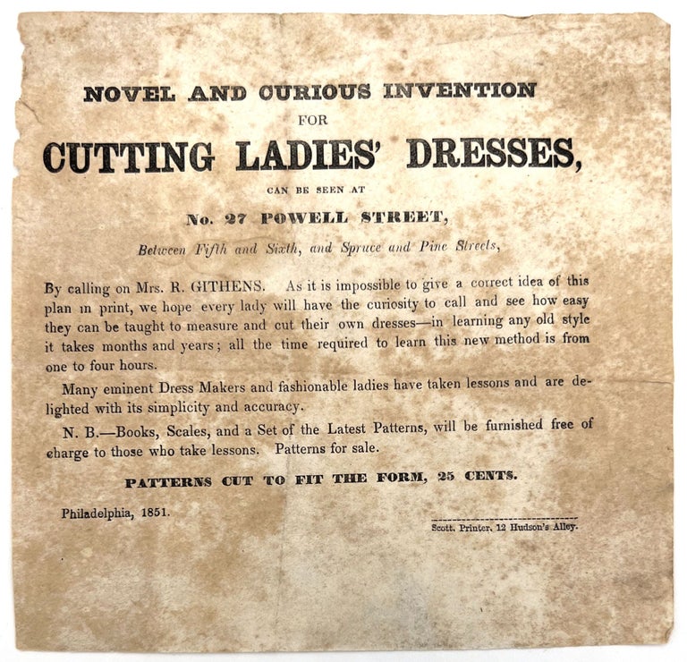 Item #22001903 Novel and Curious Invention for Cutting Ladies' Dresses. Mrs. R. Githens.