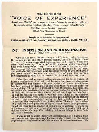 1930s Advertising Ephemera Featuring "The Voice of Experience" Radio Show