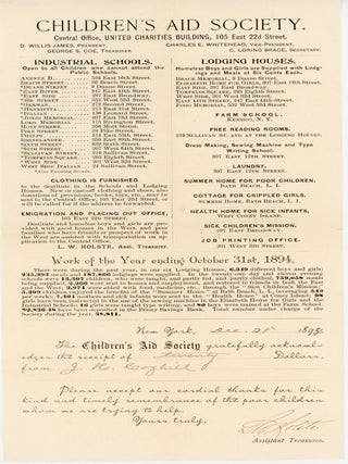Children's Aid Society Donation Receipt and Circular -- 1894