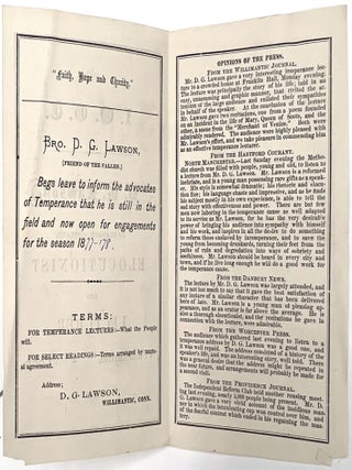 Ephemera Promoting Scottish Elocutionist and Lecturer Bro. D.G. Lawson Voluntarily inmate at CT Insane Asylum to overcome appetite for Rum