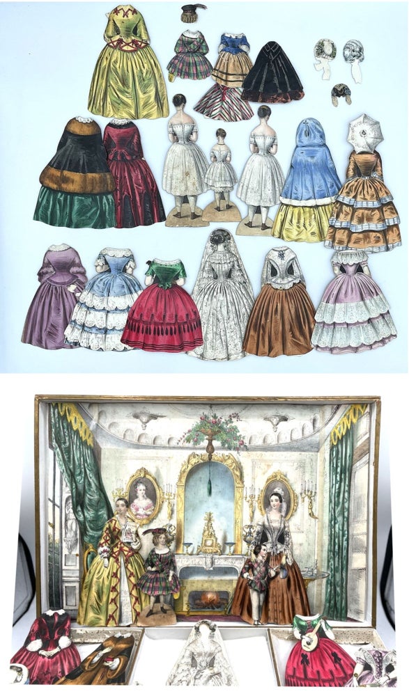 Item #230008137 Large Boxed Set- Set of Three (3) Paper Dolls, Costumes & Accessories Plus Parlor Scene. Artist C. Bommier, H. Jannin Lithographer.