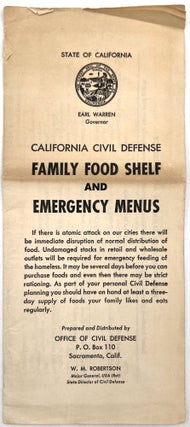 Item #23001374 California Civil Defense Family Food Shelf and Emergency Menus. W M. Robertson