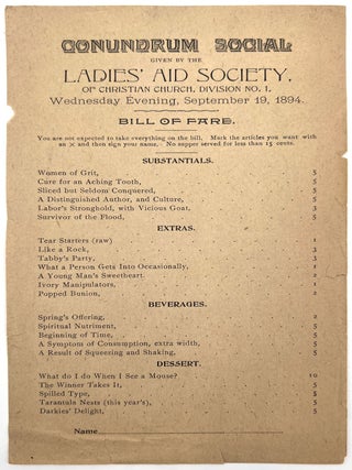 Item #23001690 Bill of Fare for Conundrum Social Given by Ladies' Aid Society
