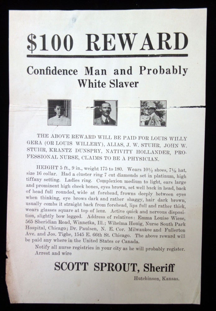 Item #24005125 $100 Reward – Confidence Man and Probably White Slaver. C1920.