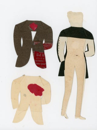 A collection of 7 hand made paper dolls and their costumes