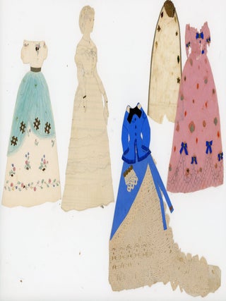A collection of 7 hand made paper dolls and their costumes