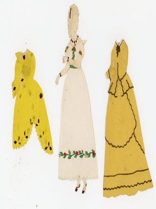 A collection of 7 hand made paper dolls and their costumes