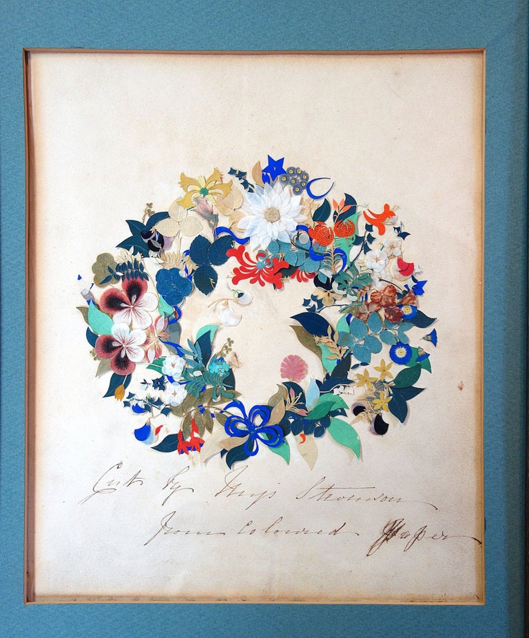 Item #24018236 Delicate and Fine Floral Wreath Cut Paper Collage – Cut by Miss Stevenson from Colored Paper in the style of Mary Delany c1850